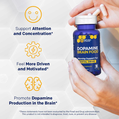 Kiro Dopamine held in hands with attention, drive and dopamine benefits
